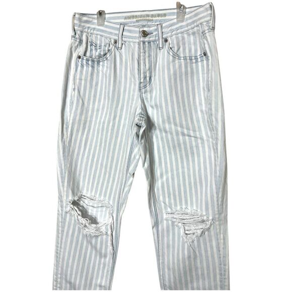 American Eagle Tomgirl Jeans Size 4 Long Button Fly Blue White Striped - Picture 2 of 10